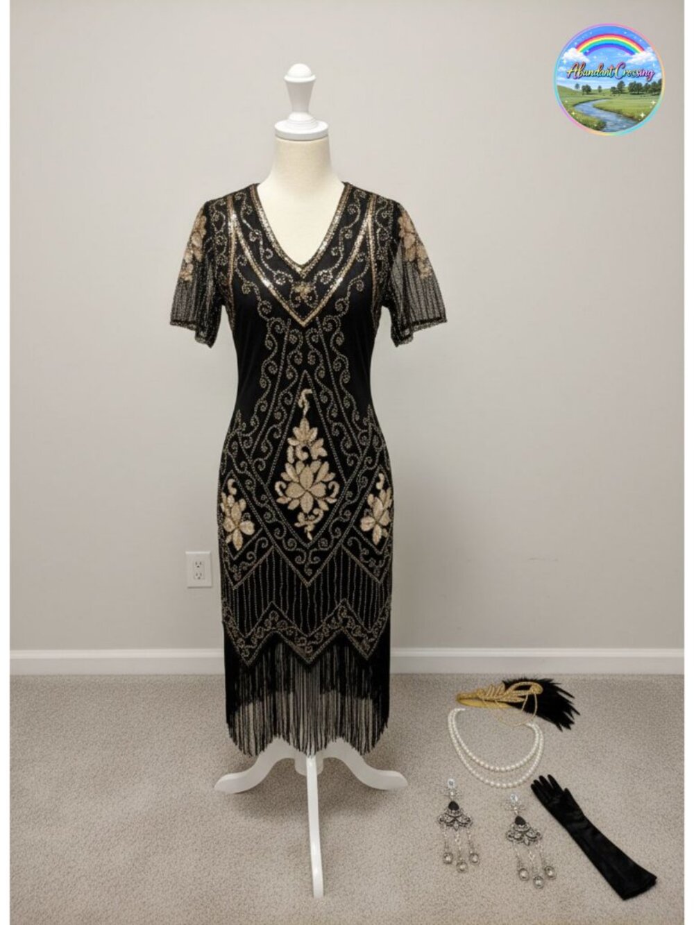1920s Flapper Sequin Dress Set Gatsby Fringed Costume Polyester Mesh